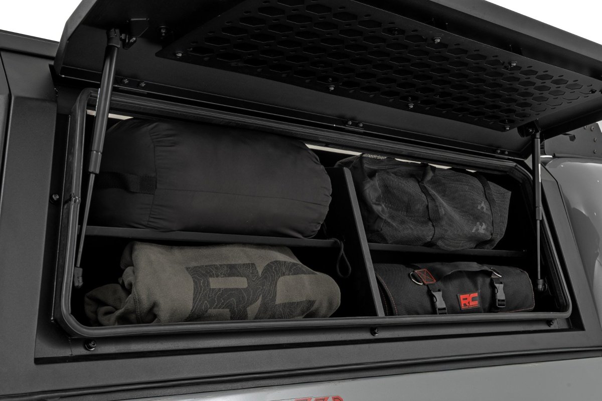 Toyota Tacoma Bed Cap Side Shelf Storage Bin - Passenger Side - Rough Country - Integrated LED Lighting, Powder-Coated - '16-'23